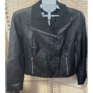 INC International Concepts Women's Black Faux Leather Moto Jacket Asymmetric L